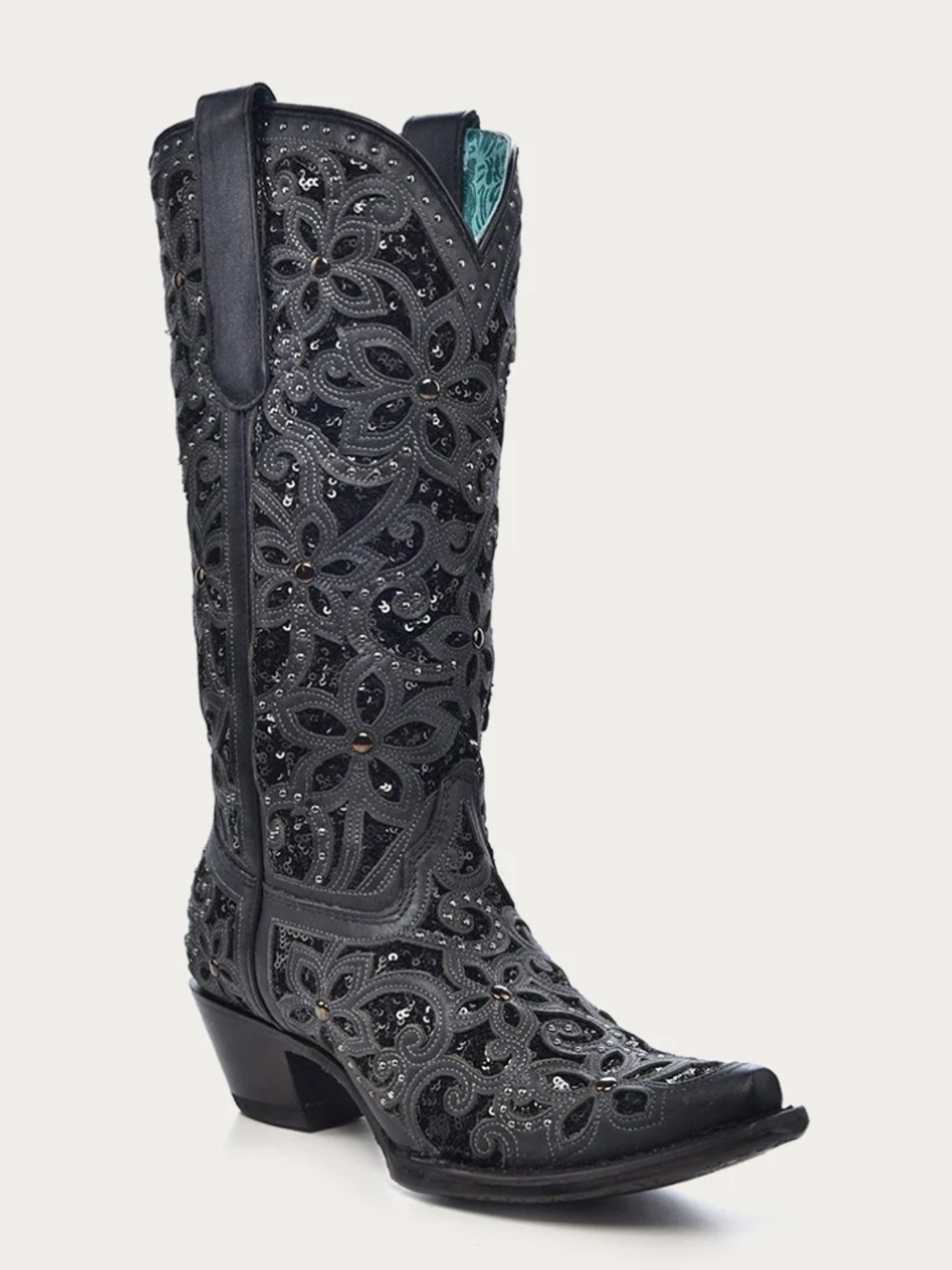 WOMEN'S BLACK GLITTER INLAY FLORAL OVERLAY WITH CRYSTALS AND STUDS SNIP Size 8.5